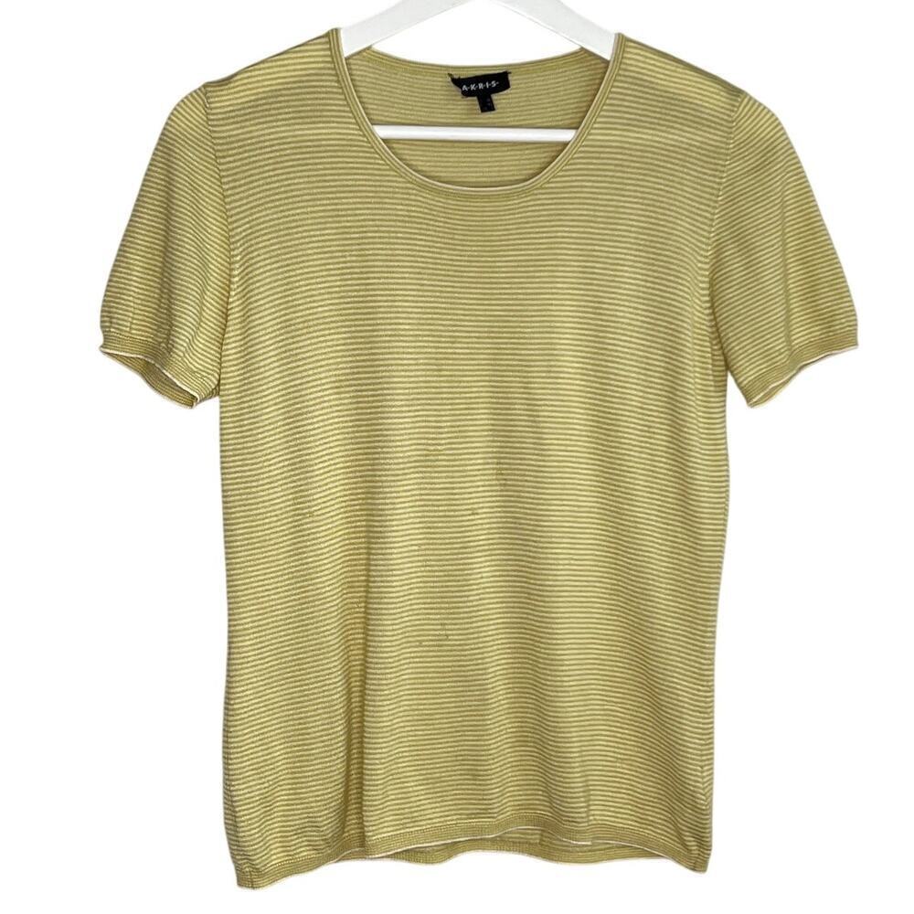 Akris Cashmere-Silk Blend Striped Short Sleeve Green/White Women's US 8 (flaws)